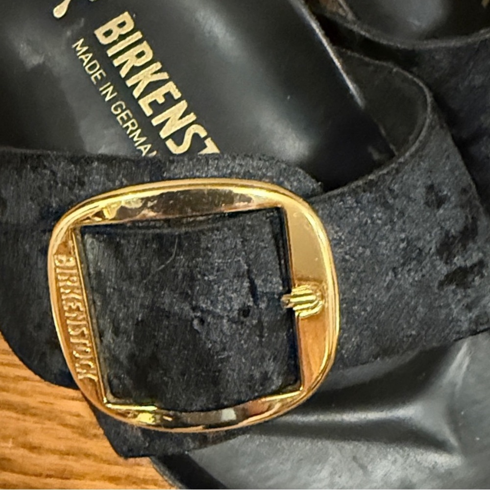 Birkenstock Black Velvet Slide Sandals with Gold Buckles - Picture 3 of 6